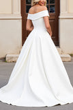 Simple Ivory Satin Off the Shoulder Sweep Train Wedding Dress with Bow