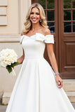 Simple Ivory Satin Off the Shoulder Sweep Train Wedding Dress with Bow