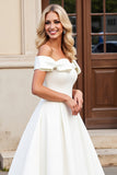 Simple Ivory Satin Off the Shoulder Sweep Train Wedding Dress with Bow