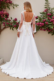 Ivory Satin Scoop Neck Sweep Train Mermaid Wedding Dress with Lace