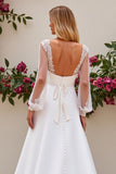 Ivory Satin Scoop Neck Sweep Train Mermaid Wedding Dress with Lace