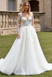 Ivory Organza Illusion Boat Neck Sweep Train Wedding Dress with Lace