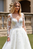 Ivory Organza Illusion Boat Neck Sweep Train Wedding Dress with Lace