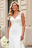 Simple Ivory Mermaid Satin Sweep Train V Neck Wedding Dress with Lace