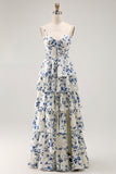 Blue Floral A Line Tiered Ruffled Long  Prom Dress with Slit
