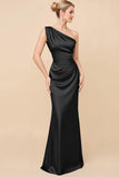 Blush Pink One Shoulder Sheath Ruched Long Satin Bridesmaid Dress