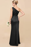 Blush Pink One Shoulder Sheath Ruched Long Satin Bridesmaid Dress