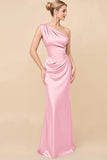 Blush Pink One Shoulder Sheath Ruched Long Satin Bridesmaid Dress