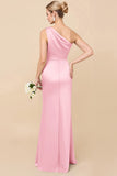 Blush Pink One Shoulder Sheath Ruched Long Satin Bridesmaid Dress