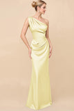 Dusty Sage One Shoulder Sheath Ruched Long Satin Bridesmaid Dress