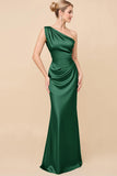 Blush Pink One Shoulder Sheath Ruched Long Satin Bridesmaid Dress