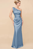 Blush Pink One Shoulder Sheath Ruched Long Satin Bridesmaid Dress
