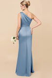 Blush Pink One Shoulder Sheath Ruched Long Satin Bridesmaid Dress