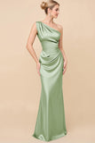 Dusty Sage One Shoulder Sheath Ruched Long Satin Bridesmaid Dress