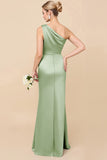 Blush Pink One Shoulder Sheath Ruched Long Satin Bridesmaid Dress