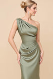 One Shoulder Sheath Eucalyptus Ruched Long Satin Bridesmaid Dress
