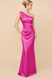 One Shoulder Sheath Eucalyptus Ruched Long Satin Bridesmaid Dress