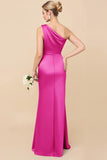 One Shoulder Sheath Eucalyptus Ruched Long Satin Bridesmaid Dress