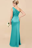 One Shoulder Sheath Eucalyptus Ruched Long Satin Bridesmaid Dress