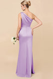 One Shoulder Sheath Eucalyptus Ruched Long Satin Bridesmaid Dress
