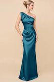 One Shoulder Sheath Eucalyptus Ruched Long Satin Bridesmaid Dress