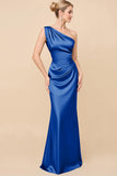 One Shoulder Sheath Eucalyptus Ruched Long Satin Bridesmaid Dress