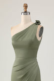 Eucalyptus One Shoulder Mermaid Long Bridesmaid Dress with Slit