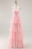 Candy Pink Tulle Spaghetti Straps A Line Ruffled Tiered Long Bridesmaid Dress