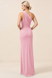 Matcha One Shoulder Chiffon Ruched Long Bridesmaid Dress with Slit