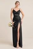 Olive Sheath Satin Maxi Long Bridesmaid Dress with Slit