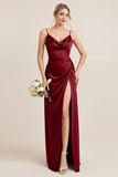 Olive Sheath Satin Ruched Cowl Neck Long Bridesmaid Dress with Slit