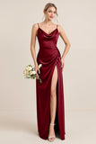 Olive Sheath Satin Maxi Long Bridesmaid Dress with Slit