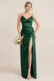 Olive Sheath Satin Maxi Long Bridesmaid Dress with Slit