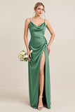 Olive Sheath Satin Ruched Cowl Neck Long Bridesmaid Dress with Slit
