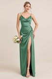 Olive Sheath Satin Maxi Long Bridesmaid Dress with Slit