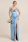 Olive Sheath Satin Maxi Long Bridesmaid Dress with Slit