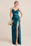 Olive Sheath Satin Maxi Long Bridesmaid Dress with Slit