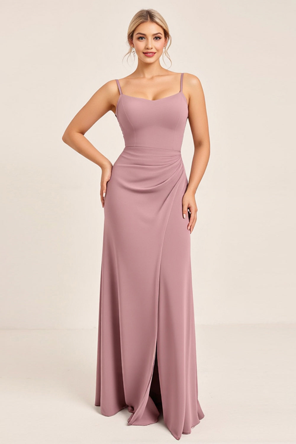 Vintage Mauve Sheath Spaghetti Straps Long Bridesmaid Dress with Slit