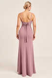 Vintage Mauve Sheath Spaghetti Straps Long Bridesmaid Dress with Slit