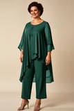 Burgundy Chiffon Round Neck 2 Piece Plus Size Mother Of Bride Pantsuits
