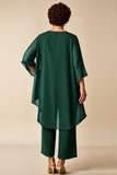 Burgundy Chiffon Round Neck 2 Piece Plus Size Mother Of Bride Pantsuits