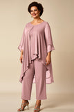 Burgundy Chiffon Round Neck 2 Piece Plus Size Mother Of Bride Pantsuits