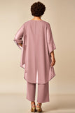 Burgundy Chiffon Round Neck 2 Piece Plus Size Mother Of Bride Pantsuits