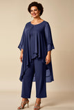 Peacock Chiffon Round Neck 2 Piece Plus Size Mother Of Bride Pantsuits