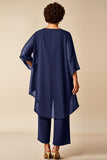 Peacock Chiffon Round Neck 2 Piece Plus Size Mother Of Bride Pantsuits