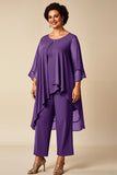 Burgundy Chiffon Round Neck 2 Piece Plus Size Mother Of Bride Pantsuits