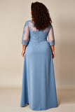 Dusty Blue Satin A Line Long Plus Size Mother Of Bride Dress with Lace