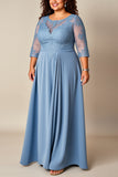 Dusty Blue Satin A Line Long Plus Size Mother Of Bride Dress with Lace