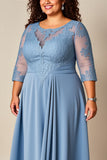 Dusty Blue Satin A Line Long Plus Size Mother Of Bride Dress with Lace