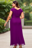 Purple Ruched Chiffon Long Plus Size Mother of the Bride Dress with Beading
